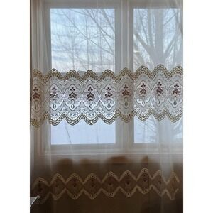 Vtg Set Of 4 Sheer Embroidered Lace Curtain Panels Cream Floral Cottagecore 81"